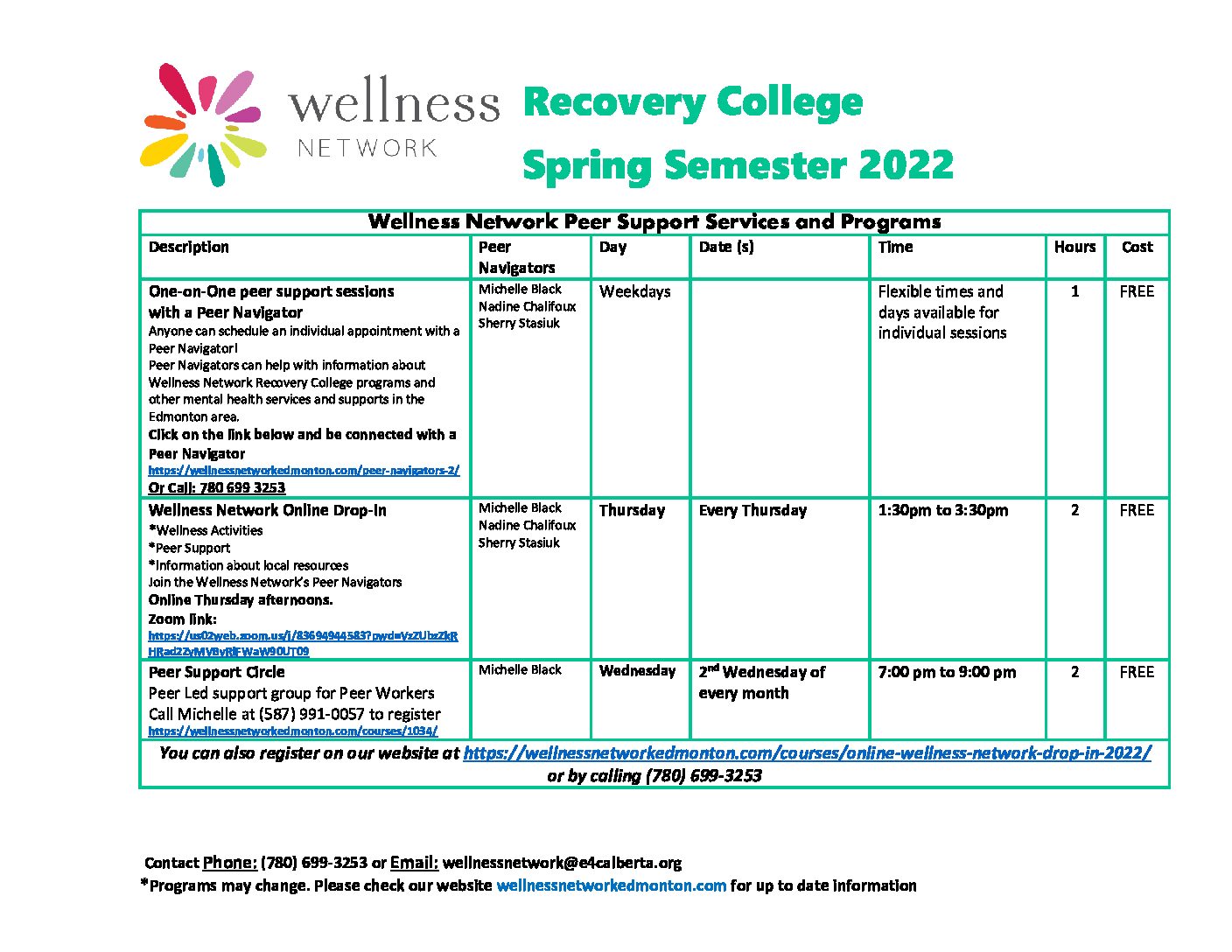 Wellness Network Recovery College Spring Semester Flyer